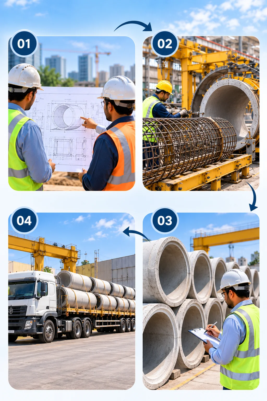 Four-stage engineering-to-delivery workflow: review specifications, reinforce and cast, inspect concrete pipes, and dispatch to site