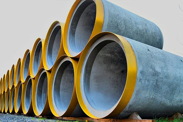 RCC jacking pipes with yellow end rings stacked in a yard