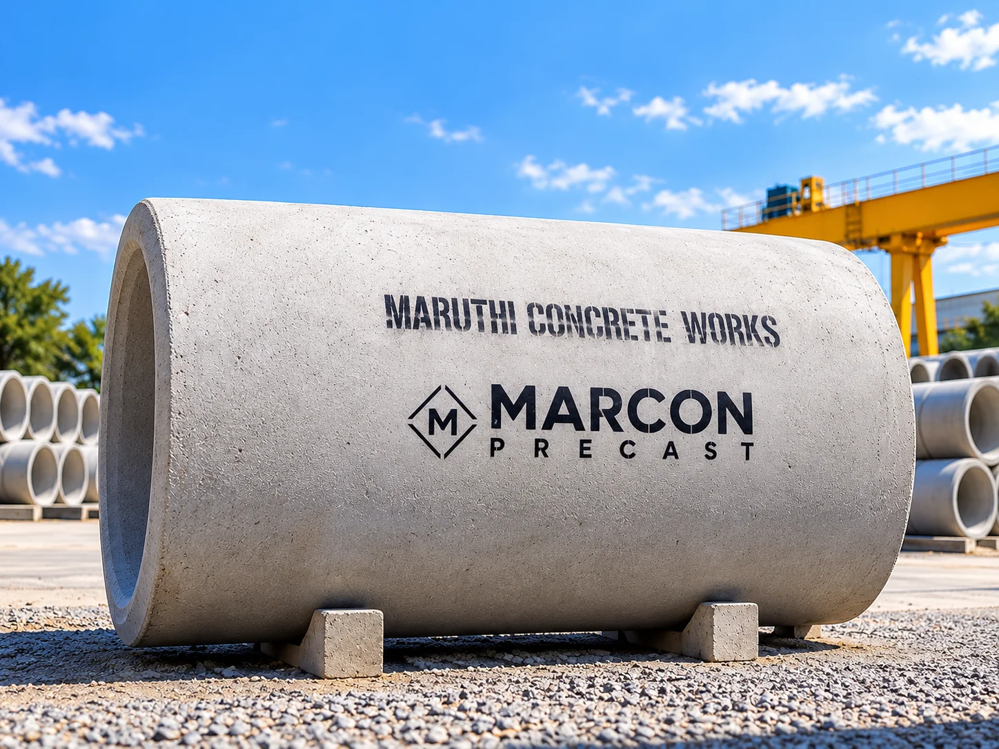 MARCON PRECAST branded concrete pipe at the Maruthi Concrete Works pipe yard