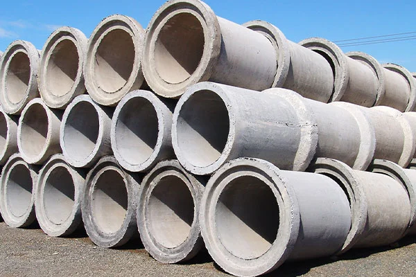 RCC Hume pipes stacked in a storage yard